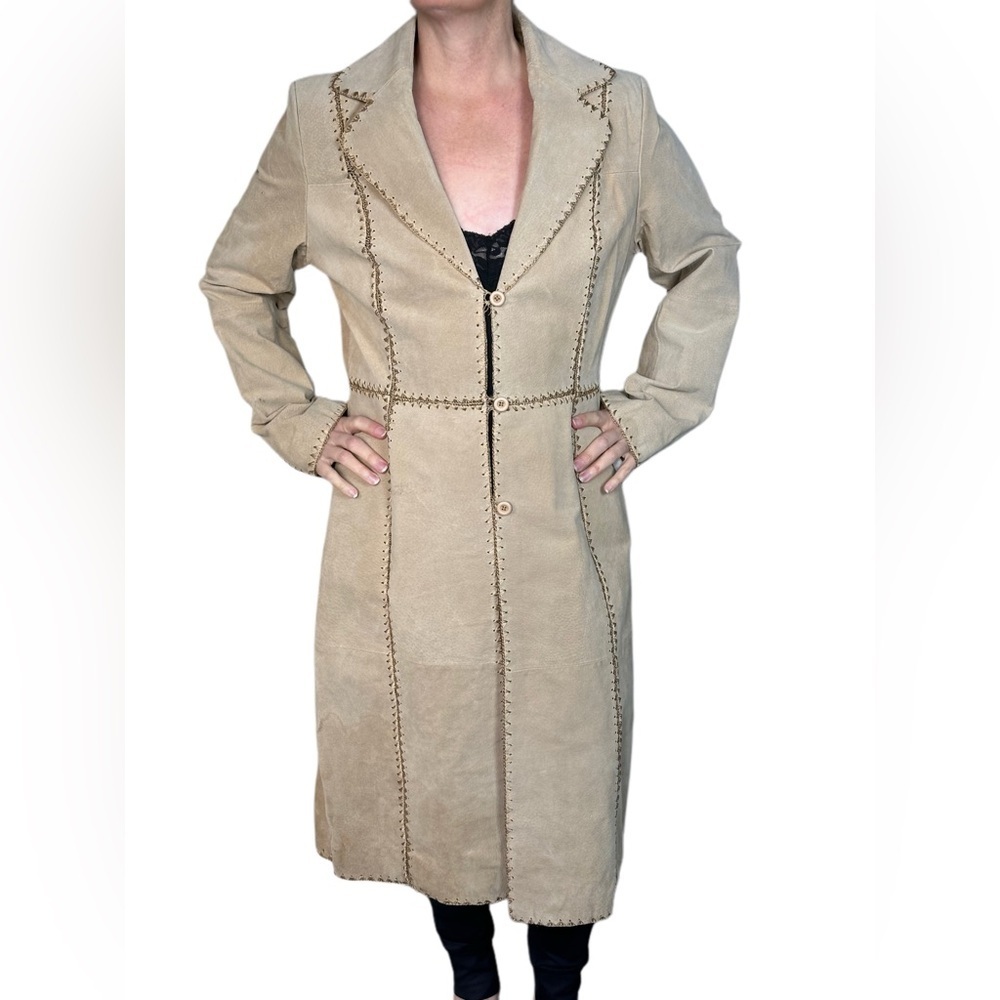 60’s SUEDE PATCHWORK Stylish Beige Women's Trench Coat like new beautiful Size L